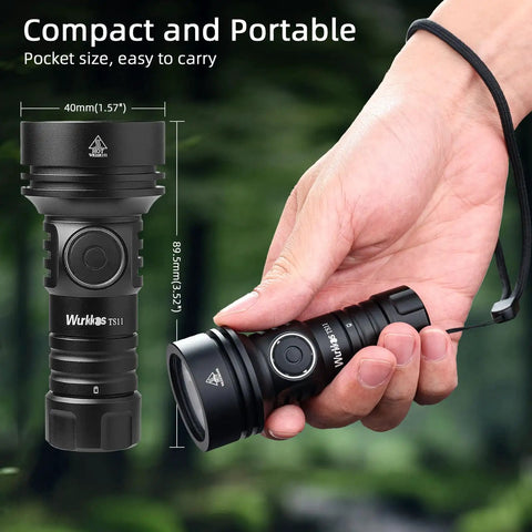 Pocket Size EDC Flashlight With 2000 Lumens, 616 Meter Beam Distance held in hand showing size and compact design.