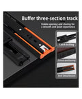 Heavy Duty Undermount Drawer Slides With Slick Soft Buffer Closure And Kick Butt Metal Build For Smooth Cabinet Runs And No Sweat Furniture Assembly close-up of three-section track with latch locking and orange detail.