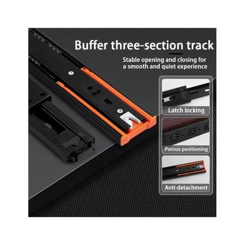 Heavy Duty Undermount Drawer Slides With Slick Soft Buffer Closure And Kick Butt Metal Build For Smooth Cabinet Runs And No Sweat Furniture Assembly close-up of three-section track with latch locking and orange detail.