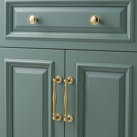 Cabinet with gold finish Premium Brass Cabinet Pull And Drawer Knob Set With Modern Grooved Base Design Available In Antique Brass Gold And Chrome Finishes For Kitchen, Bathroom, And Closet Hardware 2 Pack installed.