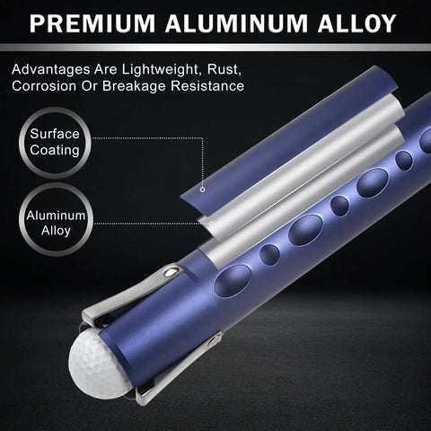 Close-up of Premium Aluminum Alloy Golf Ball Retriever With Shag Tube Holds 20 Balls, Lightweight Rustproof design.