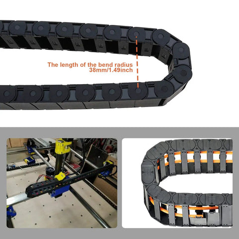 Two Pack Nylon Drag Cable Chains 18x37mm Semi Closed Wire Carriers with bend radius detail and installation view