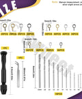 Slick 492 Piece Pin Vise Hand Drill Kit With Fine Twist Bits And Assorted Eye Screws size chart showing drill bits and eye screws.