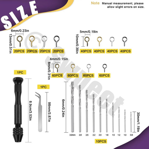 Slick 492 Piece Pin Vise Hand Drill Kit With Fine Twist Bits And Assorted Eye Screws size chart showing drill bits and eye screws.