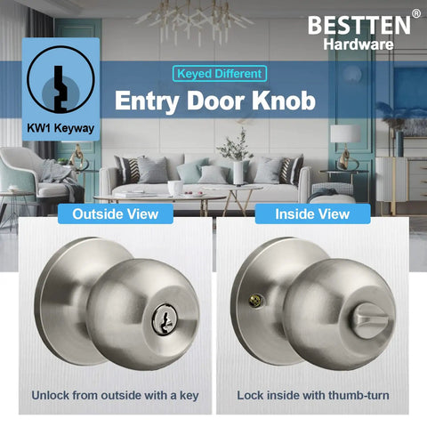 Three Pack Door Knob With Lock And Key, Keyed Different Entry Door Knob For Front Or Entrance Doors, Satin Nickel Finish