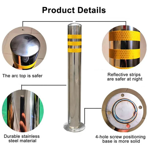 Tough As Nails Traffic Safety Bollard Post Three Inch Diameter By Twenty Four Inch Height Stainless Steel Parking Lot Barrier with reflective yellow tape and arc top.