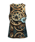 Street Style Dope Steampunk Mechanical Gears Print Mens Tank Top Hella Breathable Ultra Lightweight Quick Dry Sleeveless Gym Shirt For Casual Workouts Black back view showcasing mechanical gear design.
