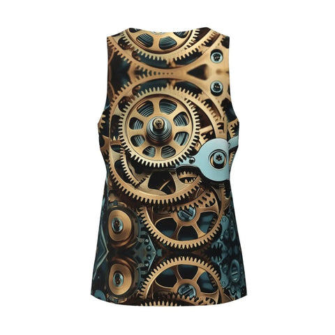 Street Style Dope Steampunk Mechanical Gears Print Mens Tank Top Hella Breathable Ultra Lightweight Quick Dry Sleeveless Gym Shirt For Casual Workouts Black back view showcasing mechanical gear design.