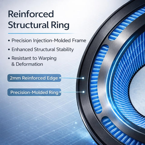 Close-up of MistAire Eva 4-Speed Humidifier filter with reinforced structural ring, highlighting blue precision-molded frame