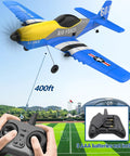 Foam RC Airplane For Beginners With 6 Axis Gyro Stabilizer And 2.4GHz Remote, blue and yellow plane in flight with controller shown.