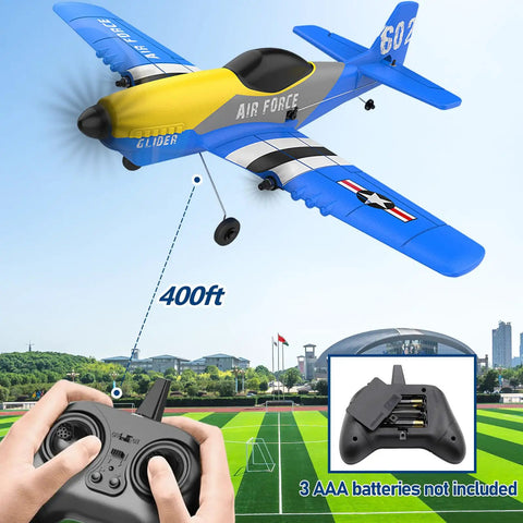 Foam RC Airplane For Beginners With 6 Axis Gyro Stabilizer And 2.4GHz Remote, blue and yellow plane in flight with controller shown.