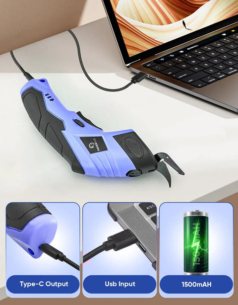 Rechargeable Cordless Electric Fabric Scissors And Cardboard Cutter With Tungsten Steel Blade connected to a laptop for charging.