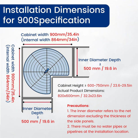 Installation dimensions for Two Tier Rotating Corner Cabinet Shelf With 360 Degree Swivel For Kitchen Pantry And Bathroom.