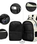 Pale Blue Wildflower Watercolor Print Backpack for men and women with open compartments showing inner pockets and storage features.