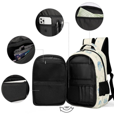 Pale Blue Wildflower Watercolor Print Backpack for men and women with open compartments showing inner pockets and storage features.
