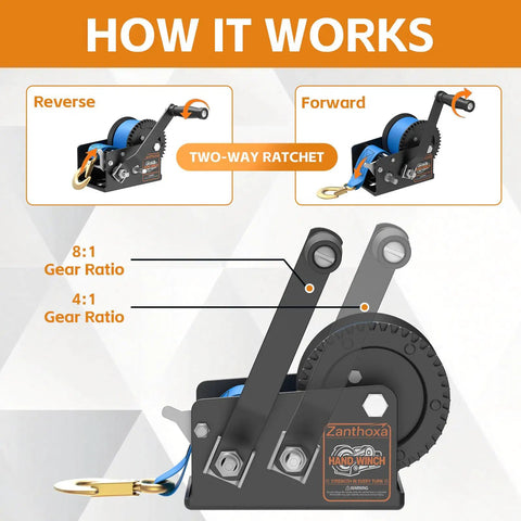 Beefy 3500 Lbs Boat Trailer Winch With 33 Ft Strap Heavy Duty Hand Winch For Boat Launch And Recovery Dual Speed Gear Ratio 4 To 1 And 8 To 1 For Smooth Fast Hauling, two-way ratchet