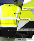 6 Pack Class 3 High Visibility Long Sleeve Safety Shirts With Reflective Strips And Pocket Wicking Breathable Hi Vis Workwear For Construction Roadwork Outdoor Jobs Yard Crew Size XL, shown with collar, pocket, and hem details.