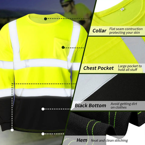 6 Pack Class 3 High Visibility Long Sleeve Safety Shirts With Reflective Strips And Pocket Wicking Breathable Hi Vis Workwear For Construction Roadwork Outdoor Jobs Yard Crew Size XL, shown with collar, pocket, and hem details.