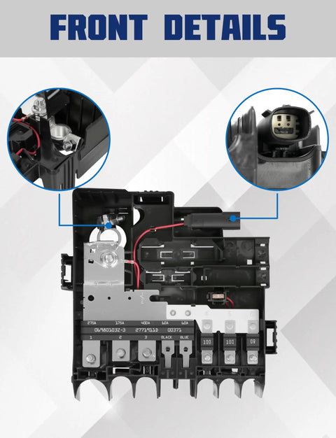 Close-up view of Badass Underhood Battery Distribution Fuse Block, showcasing ABS plastic and metal core features.