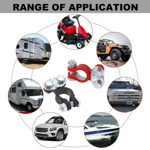 Image showing Color Coded Quick Release Battery Terminals Set With Top Post Connectors And Anti Corrosion Felt Washers for various vehicles.