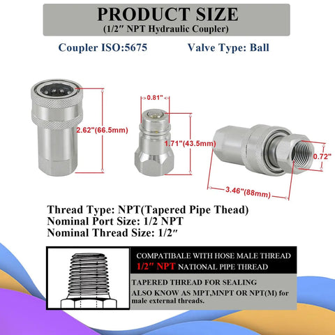 Two Sets One Half Inch NPT Hydraulic Quick Connectors ISO 5675 Ball Lock Pioneer Style Fittings for Tractors close-up view