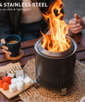 Tabletop Smokeless Fire Pit With Stand 7 Inch Stainless Steel Bonfire For Camping And Patio, shown on a table with food.