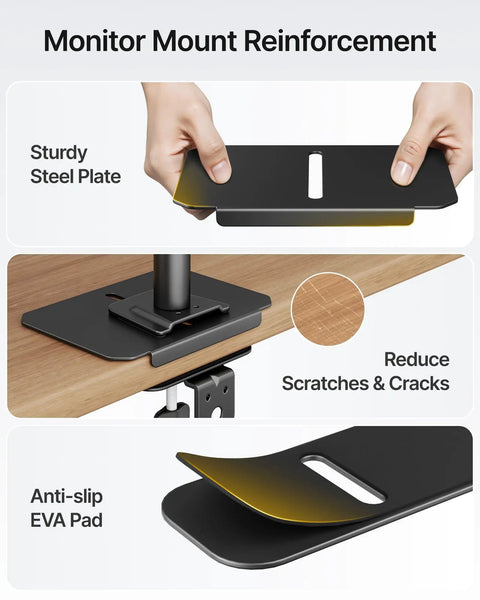 Rock Solid Adjustable Steel Monitor Mount Reinforcement Plate And Desk Stabilizer With Extra Wide Eva Base shown being installed under a monitor arm.