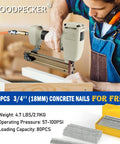 14 Gauge Concrete Nailer Kit With 400 Concrete T Nails 3/4 to 1-1/2 Inch held by user, illustrating tool use and features