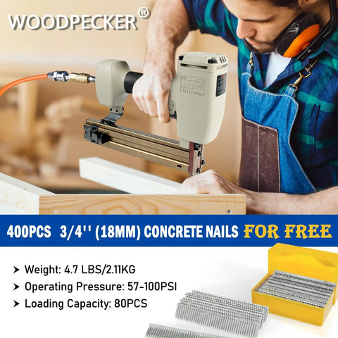 14 Gauge Concrete Nailer Kit With 400 Concrete T Nails 3/4 to 1-1/2 Inch held by user, illustrating tool use and features