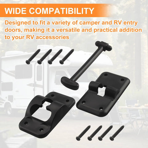 Premium Heavy Duty T Style RV Entry Door Holder 3 1 2 Inch Camper Door Catch with screws, sturdy ABS plastic for RV doors.