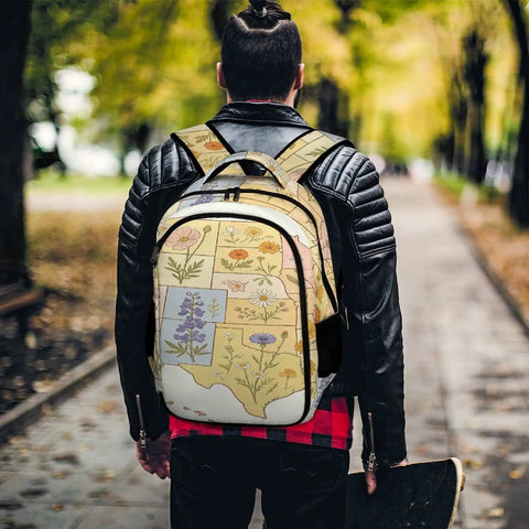 Vintage Botanical State Flower Map Backpack For Everyday Carry worn by person walking in park, showing colorful floral design