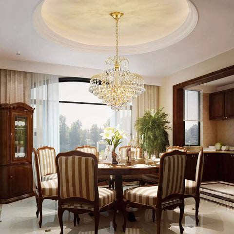 Dining room with Dope Crystal Chandelier Pendant Flush Mount Light With Gold Finish, modern sparkling glass crystals, ceiling view.