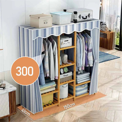 Portable Bamboo Frame Wardrobe Closet With Heavy Duty Nonwoven Cover Double Rod Hanging Clothes Organizer For Dorms And Camping No Sweat Setup That Keeps Your Threads Organized And Looking Sharp, showcasing hanging clothes and storage.