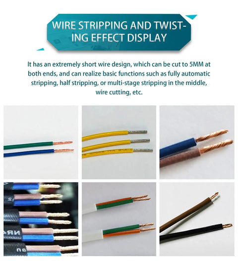 Wire stripping and twisting effect display showcasing various colored wires cut and stripped for electrical work. Smart Automatic Wire Stripper Machine With Intelligent Cable Twister And Copper Stripper Cutter This Quiet Electric Tool Upgrades Your Workspace By Automating Wire Preparation For Fast, Precise Electrical Projects At Home Or Shop With Minimal Noise And.