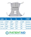 Full Body Mesh Commode Sling Patient Aid Designed For Hoyer Lifts With Four Positioning Straps showing size chart and measurements.