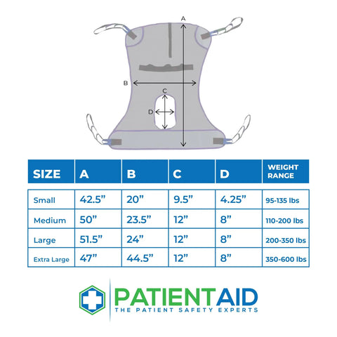 Full Body Mesh Commode Sling Patient Aid Designed For Hoyer Lifts With Four Positioning Straps showing size chart and measurements.