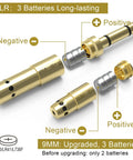 Laser Bore Sighter Kit For 22LR And 9mm Calibers, showing brass components and AG3 batteries, labeled positive and negative.