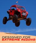 Hardcore Billet Aluminum Upper And Lower Radius Rods Kit With Chromoly Heim Joints And Nuts For 2011 To 2014 Polaris Rzr XP900 XP 900 Two And Four Seat UTVs Built To Take A Beating And Keep On Rolling, red Polaris RZR in desert jump