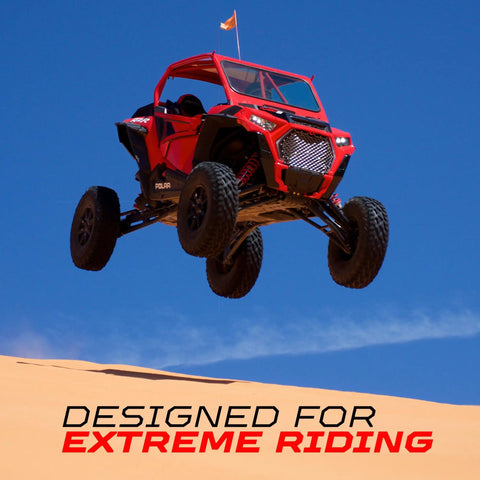 Hardcore Billet Aluminum Upper And Lower Radius Rods Kit With Chromoly Heim Joints And Nuts For 2011 To 2014 Polaris Rzr XP900 XP 900 Two And Four Seat UTVs Built To Take A Beating And Keep On Rolling, red Polaris RZR in desert jump
