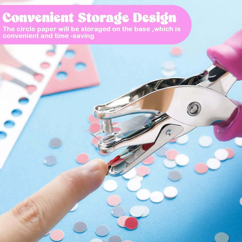 Hand holding 12 Pack One Quarter Inch Single Hole Paper Punch Set With Easy Grip Handles Circle Punches In Multicolor against blue background