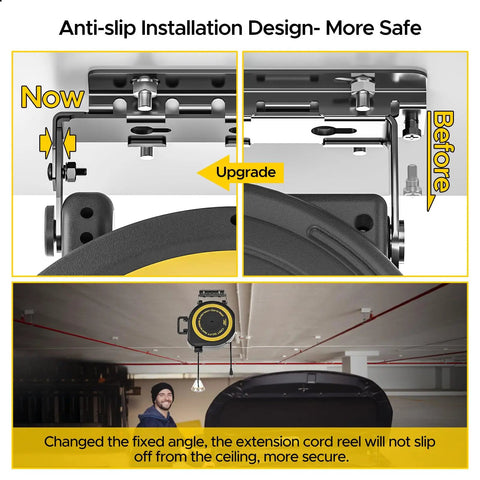 Retractable 55Ft Extension Cord Reel For Garage And Workshop showing anti-slip installation design upgrade comparison