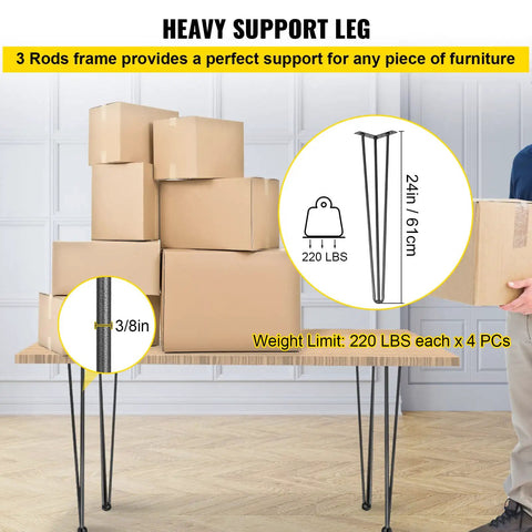 Beefy Heavy Duty Hairpin Table Legs 24 Inch Black Set Of 4 Carbon Steel With Three Rods For Desks Benches Tables And Chairs 880 Pounds Total Load Capacity DIY Furniture Support showing 24in legs