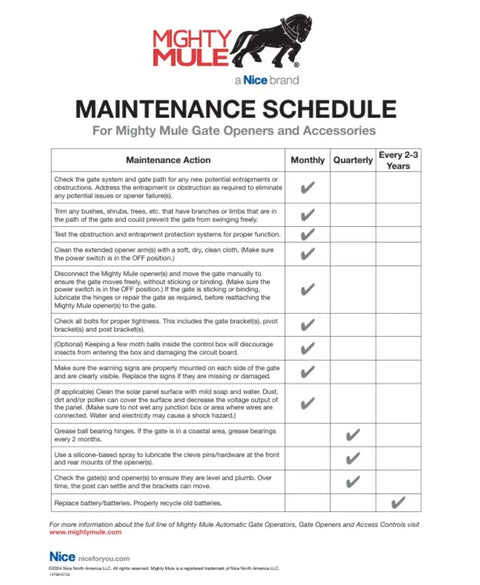 Maintenance schedule of the Game Changing Solar Automatic Gate Opener Designed For Heavy Duty Outdoor Chain Link And Wood Gates Up To Sixteen Feet.