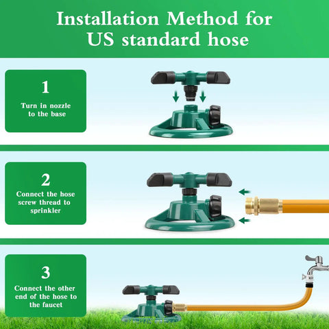 Installation method for 360 Degree Rotating Lawn Sprinkler For Yard And Garden, shown with US standard hose connection steps.