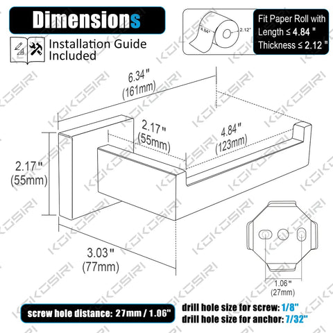 Dimensions and installation guide for Matte Black Wall Mounted Toilet Paper Holder Stainless Steel SUS304 Rustproof Bathroom Accessory With Durable Metal Construction And No Fuss Roll Change For Modern Or Classic Decor