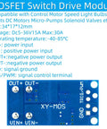 Diagram of Six Pack MOSFET Switch Drive Modules PWM Control Kit for Motors LEDs and Light Bulbs 5V to 36V with labels.
