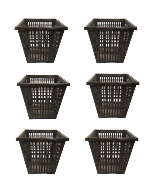 Six black 11 By 9 Inch Square Plastic Slotted Mesh Pond Plant Baskets For Water Gardens Ponds And Aquariums in grid arrangement