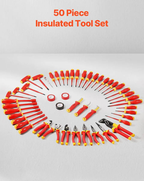 Professional Grade 50 Piece Insulated Screwdriver Set Badass Electrician Tools, assorted red tools in a circular arrangement.