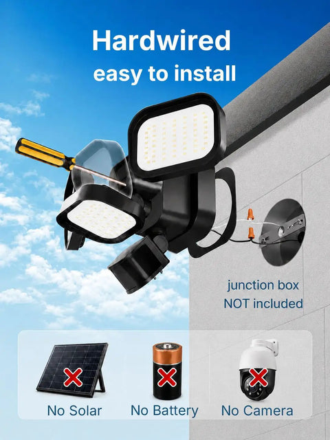 Motion Sensor Flood Lights for Outdoor, 270° Hardwired Security Light,2Pack shown being installed, hardwired design with adjustable heads.