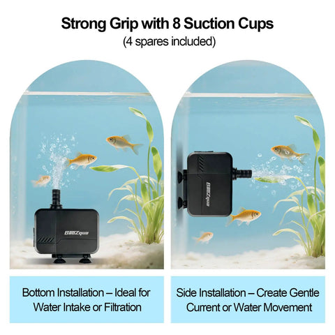 320 GPH Submersible Water Pump For Aquarium Pond And Hydroponics Quiet Energy Efficient With Three Nozzles Six Point Six Foot Power Cord And Max Lift Four Point Nine Feet in bottom and side installations in aquarium